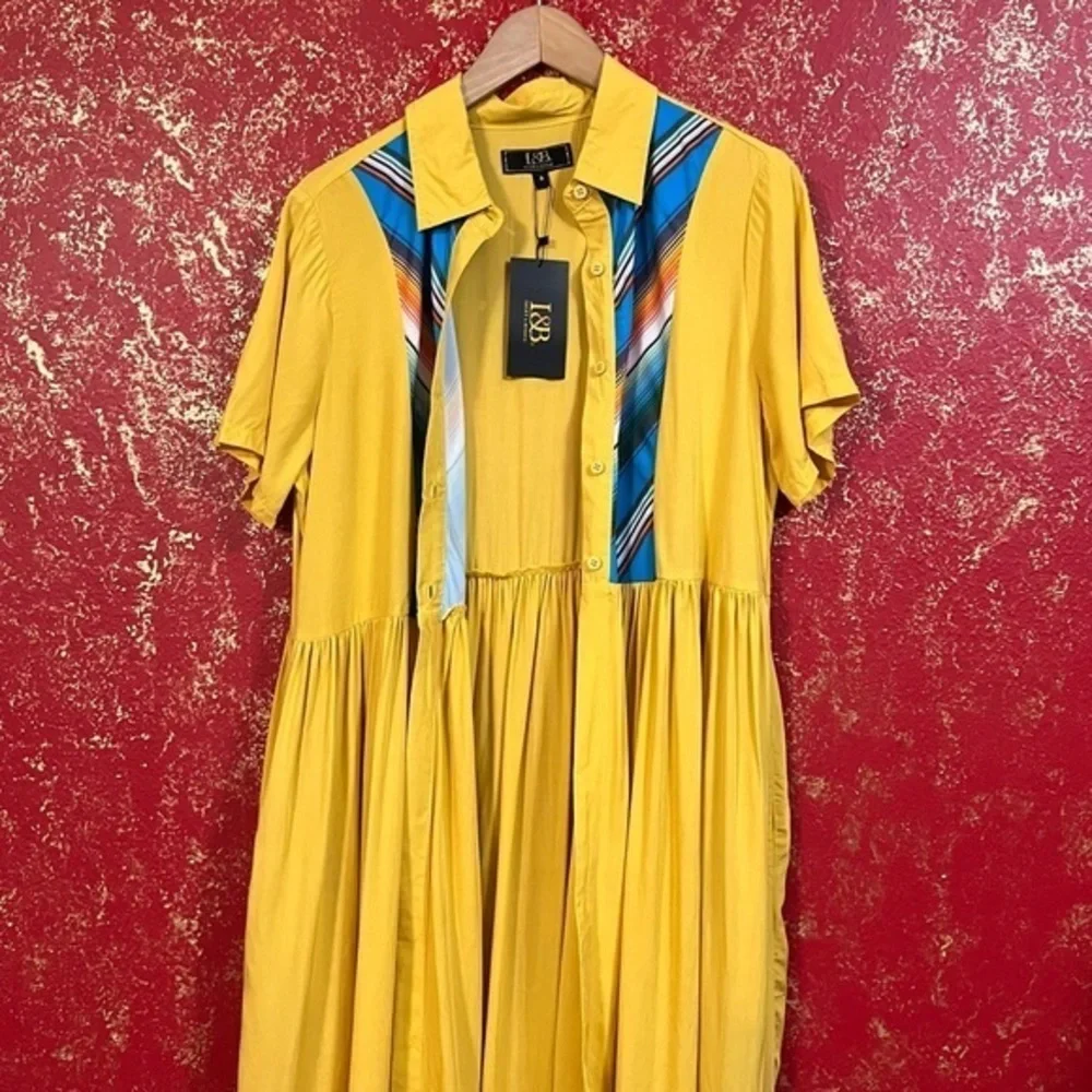 LUCKY & Blessed L&B Mustard Yellow Long Open Shirt Dress Cardigan Duster S - Picture 4 of 11